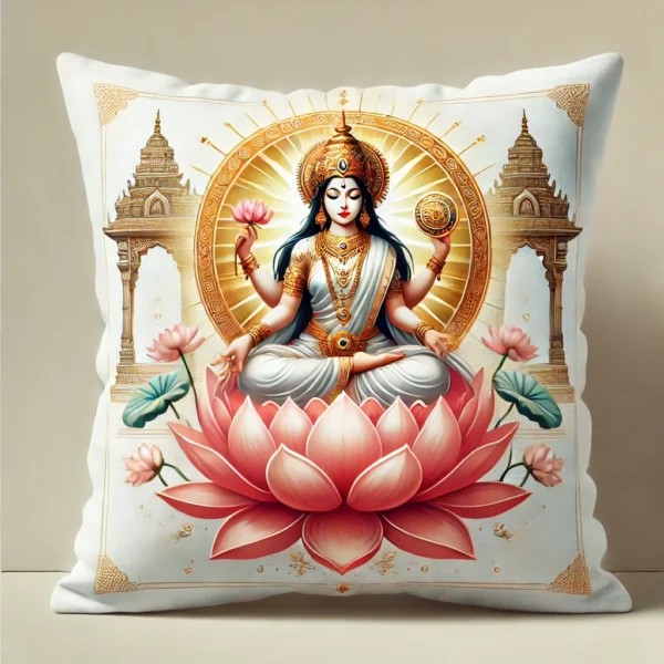 🌸 Goddess Lakshmi Cushion | Prosperity & Purity with Lotus & Gold Aura